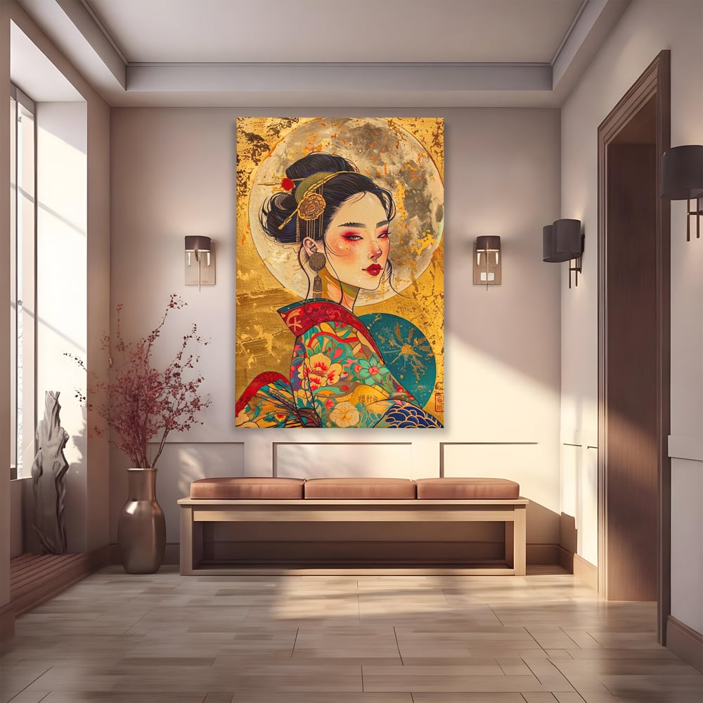Tablou canvas cu tablou canvas cu portret de gheisa, fara rama, pe sasiu de lemn